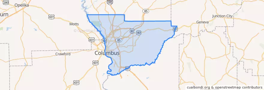 Mapa de ubicacion de Muscogee County.