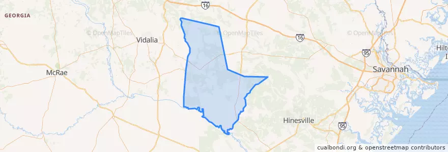 Mapa de ubicacion de Tattnall County.