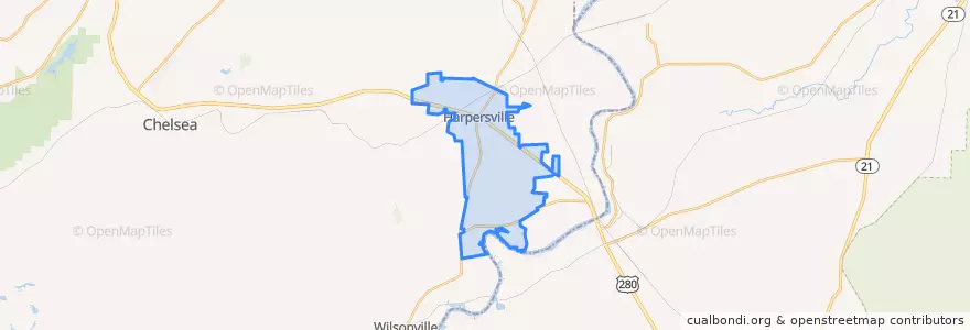 Mapa de ubicacion de Harpersville.