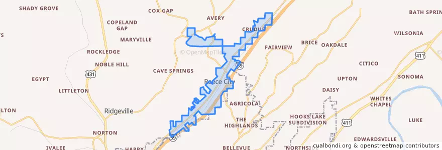 Mapa de ubicacion de Reece City.