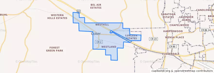 Mapa de ubicacion de Coker.