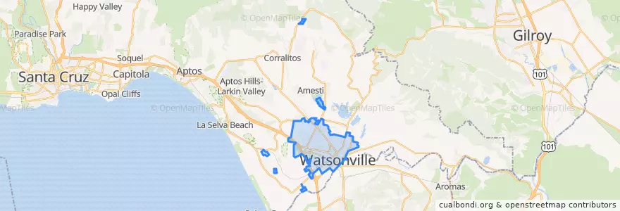 Mapa de ubicacion de Watsonville.