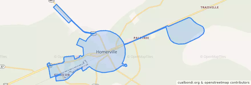 Mapa de ubicacion de Homerville.