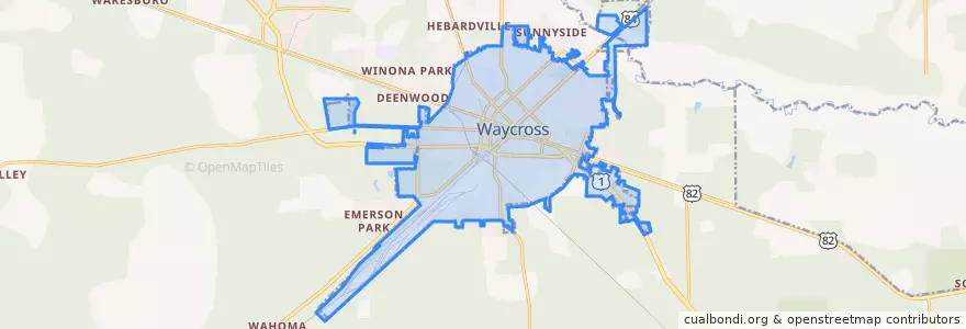 Mapa de ubicacion de Waycross.