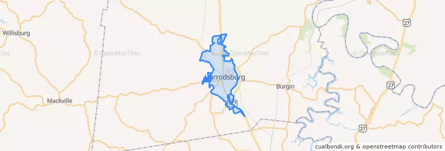 Mapa de ubicacion de Harrodsburg.