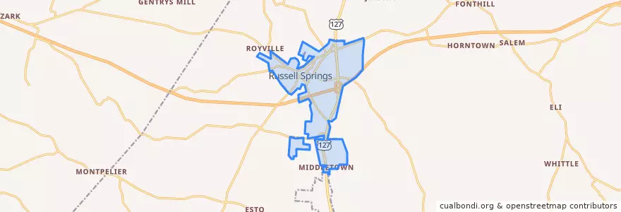 Mapa de ubicacion de Russell Springs.