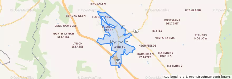 Mapa de ubicacion de Myersville.