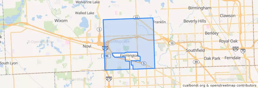 Mapa de ubicacion de Farmington Hills.