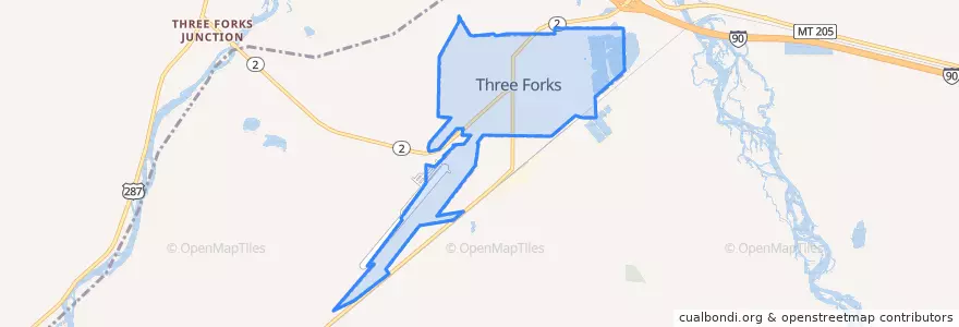 Mapa de ubicacion de Three Forks.