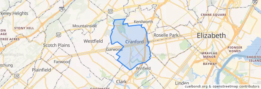Mapa de ubicacion de Cranford.