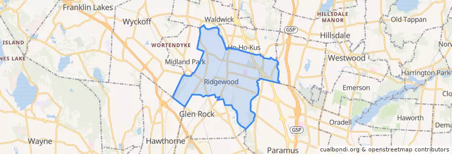 Mapa de ubicacion de Ridgewood.