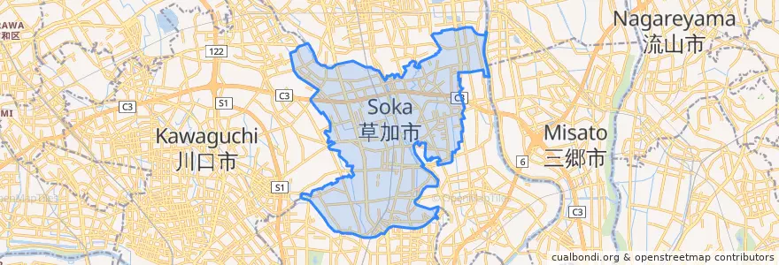 Mapa de ubicacion de 草加市.