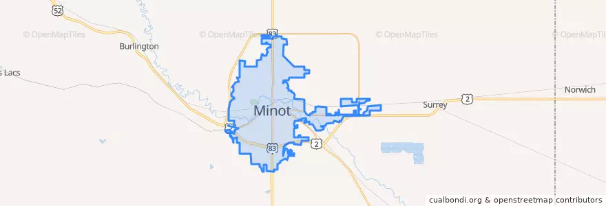 Mapa de ubicacion de Minot.