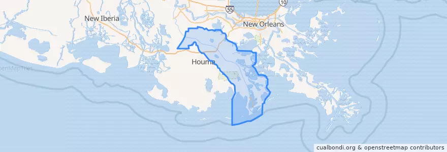 Mapa de ubicacion de Lafourche Parish.