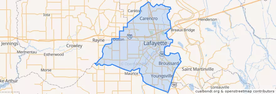 Mapa de ubicacion de Lafayette Parish.