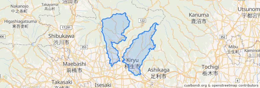 Mapa de ubicacion de 桐生市.