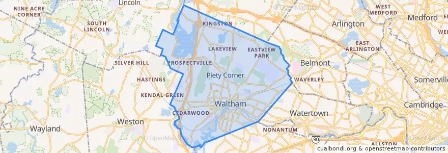 Mapa de ubicacion de Waltham.