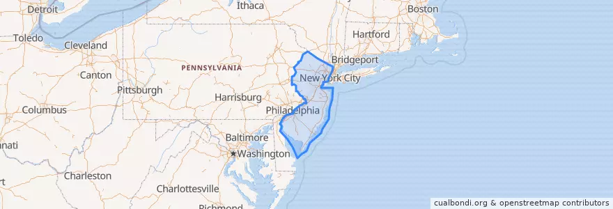 Mapa de ubicacion de New Jersey.