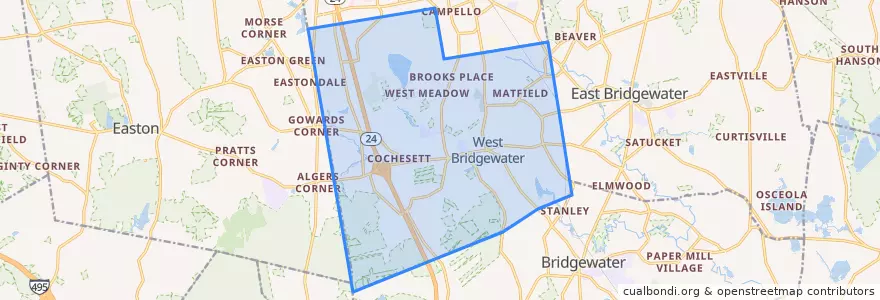 Mapa de ubicacion de West Bridgewater.