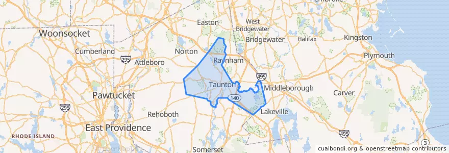 Mapa de ubicacion de Taunton.