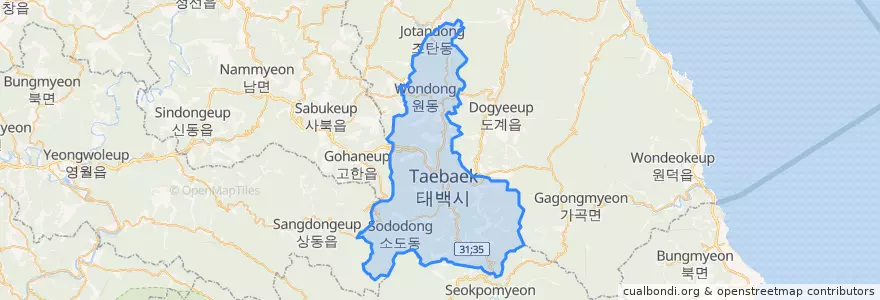Mapa de ubicacion de 태백시.