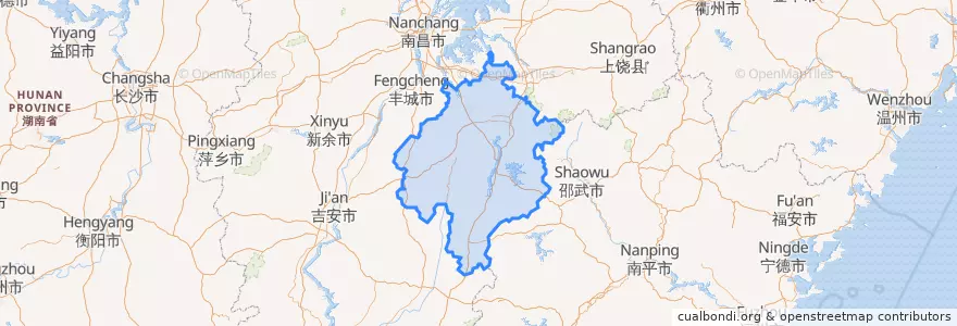 Mapa de ubicacion de Fuzhou, Jiangxi.