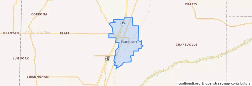 Mapa de ubicacion de Guntown.