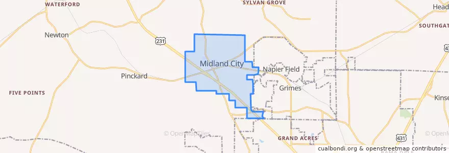 Mapa de ubicacion de Midland City.