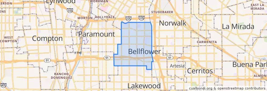 Mapa de ubicacion de Bellflower.