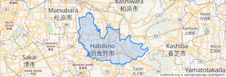 Mapa de ubicacion de 羽曳野市.