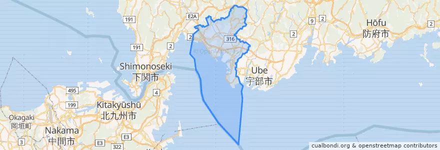 Mapa de ubicacion de 山陽小野田市.