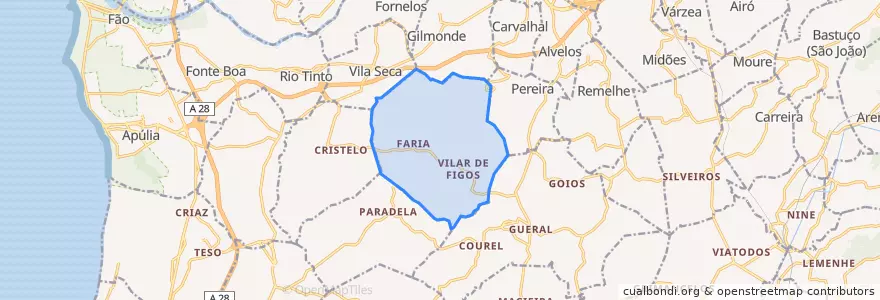 Mapa de ubicacion de Milhazes, Vilar de Figos e Faria.