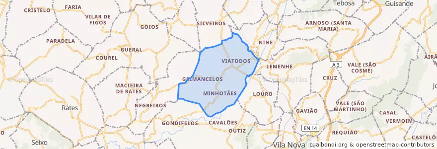 Mapa de ubicacion de Viatodos, Grimancelos, Minhotães e Monte de Fralães.