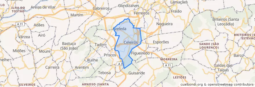 Mapa de ubicacion de Celeirós, Aveleda e Vimieiro.