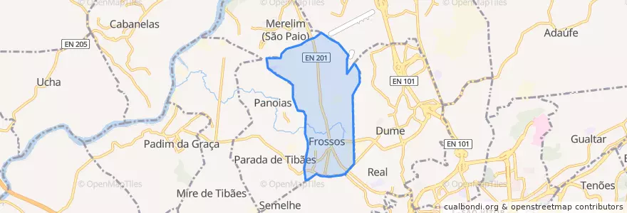 Mapa de ubicacion de Merelim (São Pedro) e Frossos.