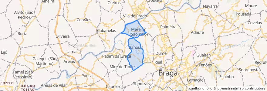 Mapa de ubicacion de Merelim (São Paio), Panoias e Parada de Tibães.