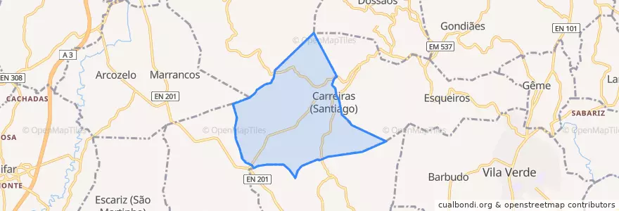 Mapa de ubicacion de Carreiras (São Miguel) e Carreiras (Santiago).