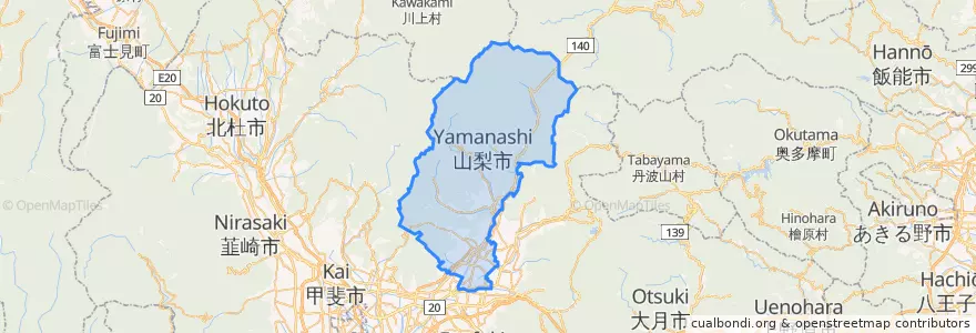 Mapa de ubicacion de 山梨市.