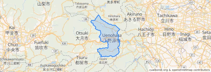 Mapa de ubicacion de 上野原市.