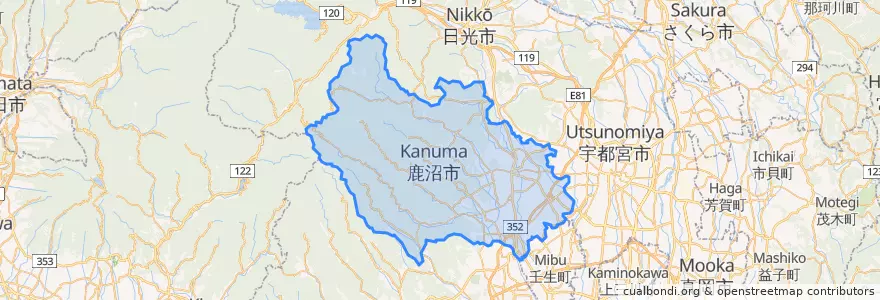 Mapa de ubicacion de 鹿沼市.