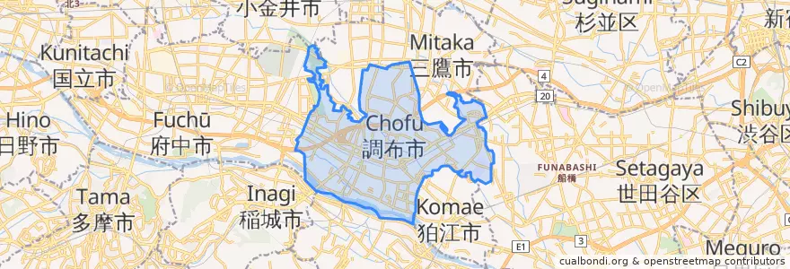 Mapa de ubicacion de 調布市.
