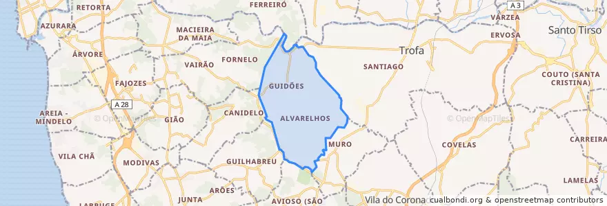 Mapa de ubicacion de Alvarelhos e Guidões.