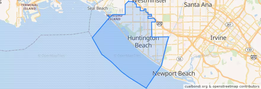 Mapa de ubicacion de Huntington Beach.