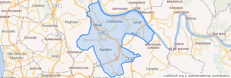 Mapa de ubicacion de Sandim, Olival, Lever e Crestuma.