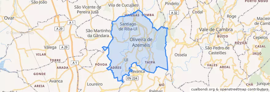 Mapa de ubicacion de Oliveira de Azeméis, Santiago de Riba-Ul, Ul, Macinhata da Seixa e Madail.