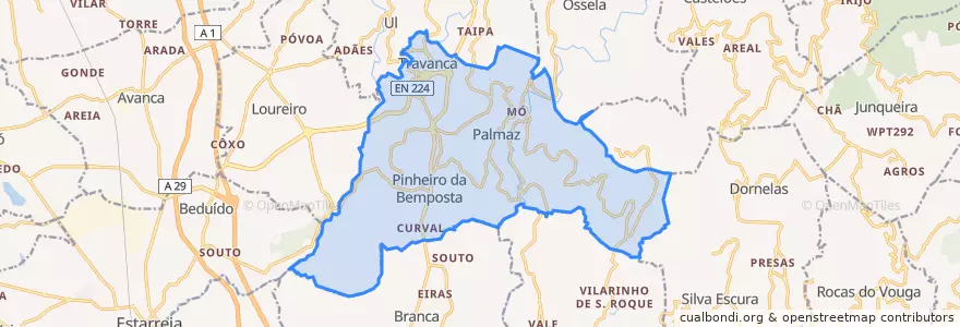 Mapa de ubicacion de Pinheiro da Bemposta, Travanca e Palmaz.