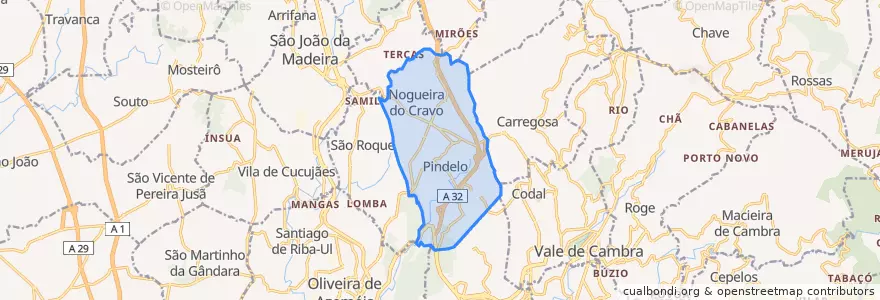Mapa de ubicacion de Nogueira do Cravo e Pindelo.