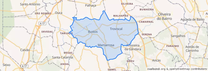 Mapa de ubicacion de Bustos, Troviscal e Mamarrosa.