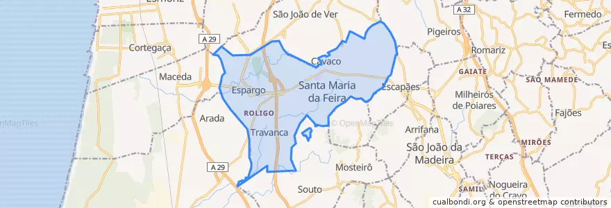 Mapa de ubicacion de Santa Maria da Feira, Travanca, Sanfins e Espargo.