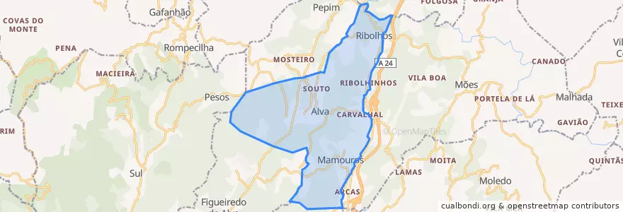 Mapa de ubicacion de Mamouros, Alva e Ribolhos.